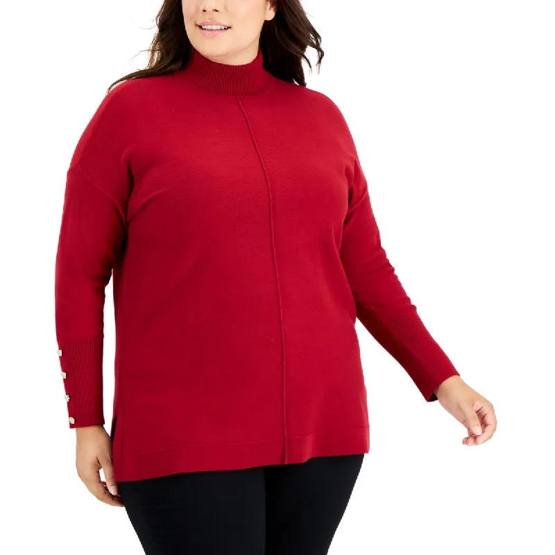 Classic Comfort Anne Klein Womens Plus Embellished Ribbed Trim Mock Turtleneck Sweater