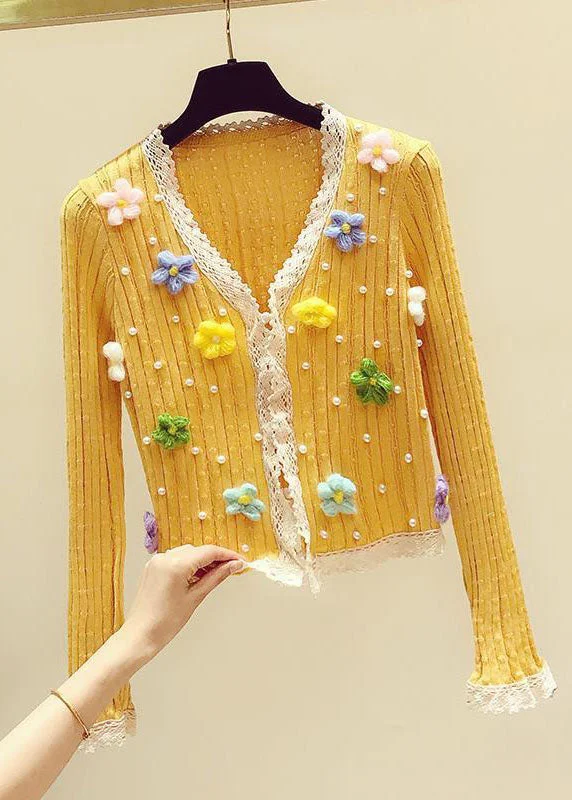 Perfect Tailoring Art Yellow V Neck Floral Lace Patchwork Nail Bead Knit Sweater Fall