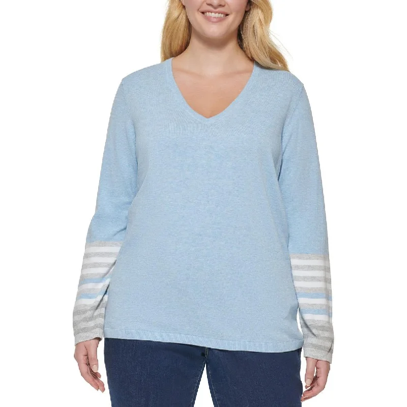 French Style Tommy Hilfiger Womens Plus V-Neck Striped Pullover Sweater