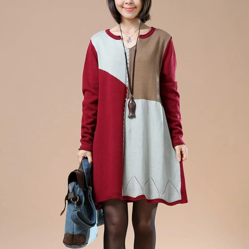 Soft Fabric Looks Burgundy color blocks sweaters knit dress