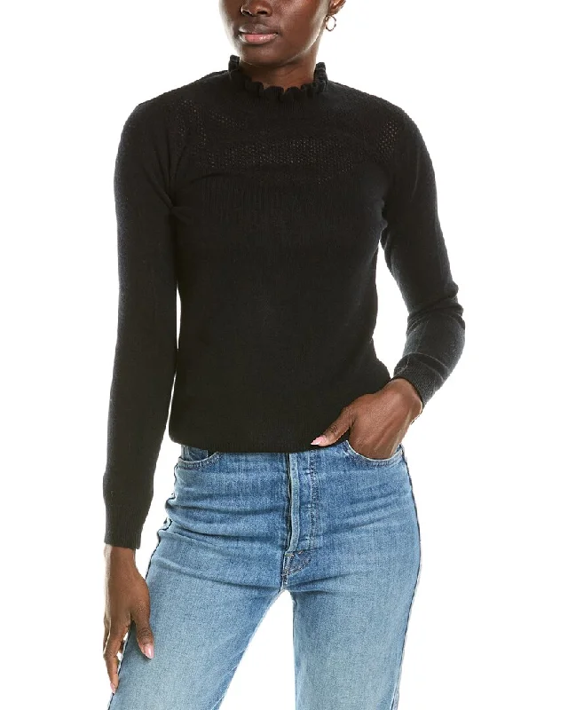 Smart Comfort sofiacashmere Ruffle Mock Neck Mesh Stitch Cashmere Sweater