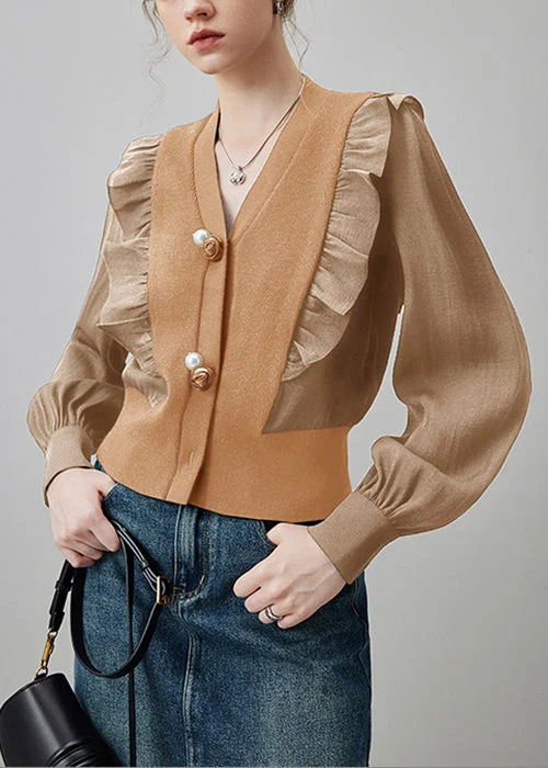 Cozy Knits New Khaki V Neck Ruffled Patchwork Knit Top Long Sleeve