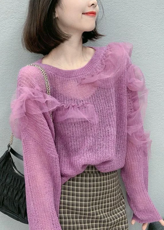 Elegant Wear Boutique Purple Tulle Ruffled Loose Fall Knit sweaters