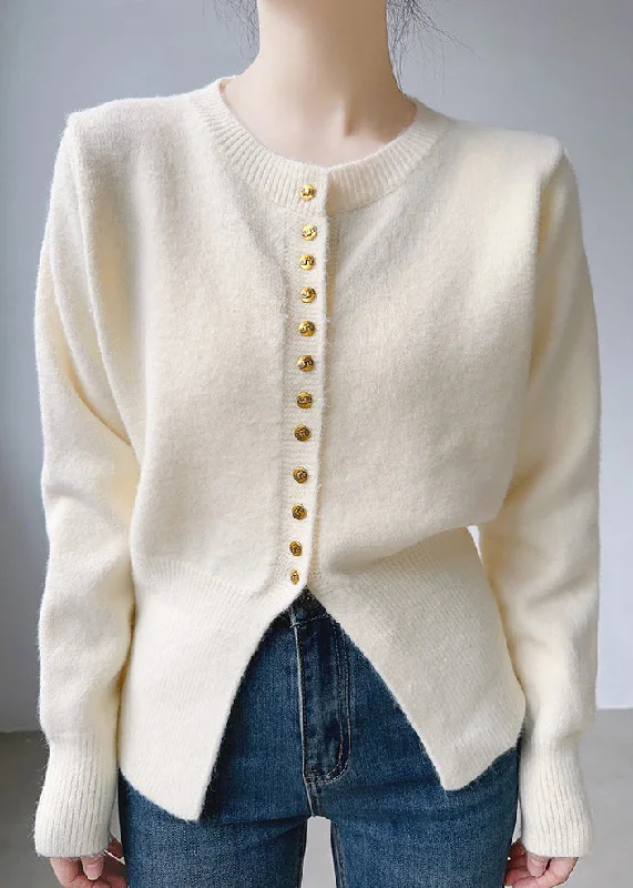 Lounge Wear Simple Beige O Neck Button Patchwork Cotton Knit Tops Fall