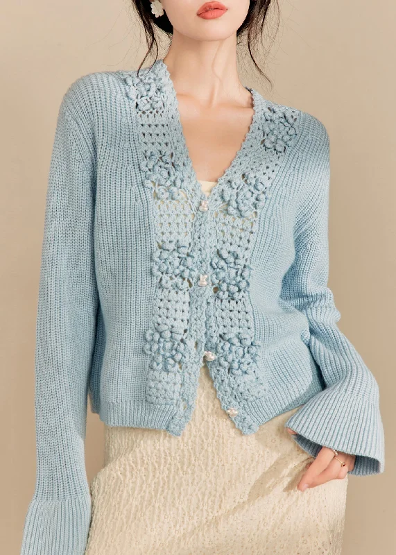 French Blue Button Hollow Out Knit Sweaters Flare Sleeve