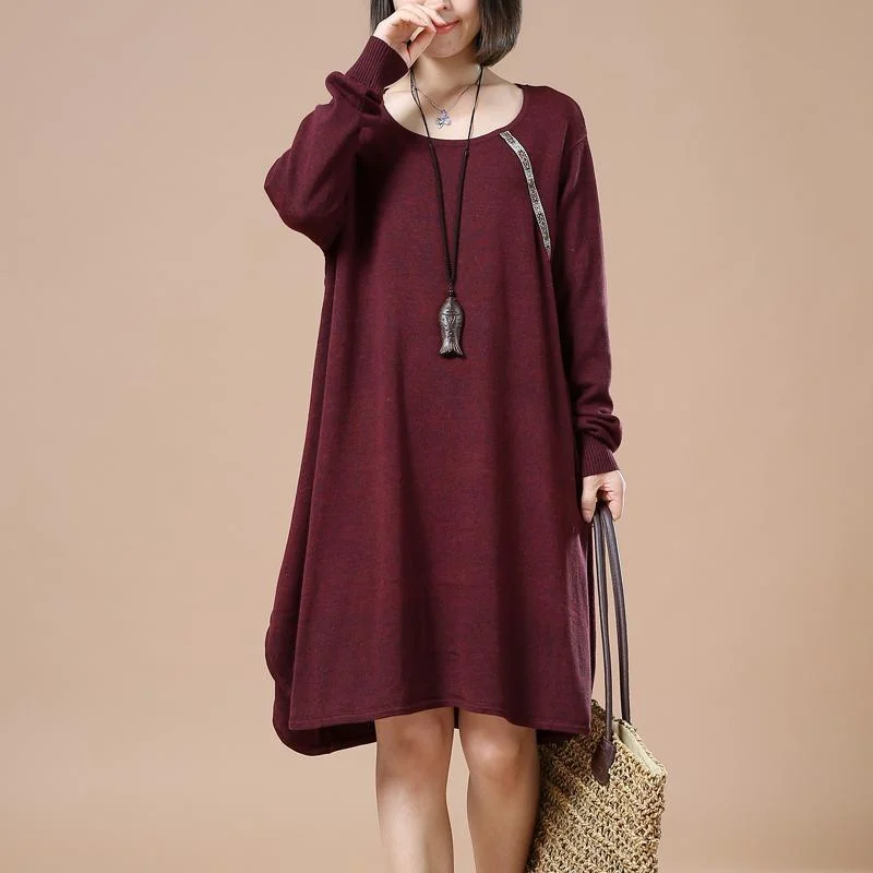 Elegant Style Burgundy cute baggy sweaters long knit dresses witner spring