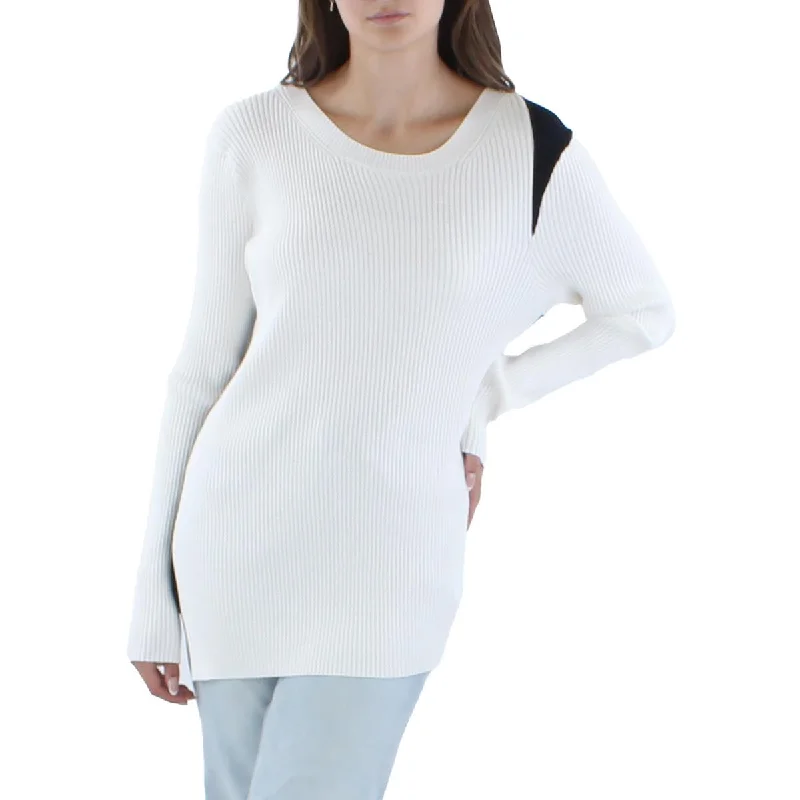 DKNY Womens Ribbed Colorblock Crewneck Sweater