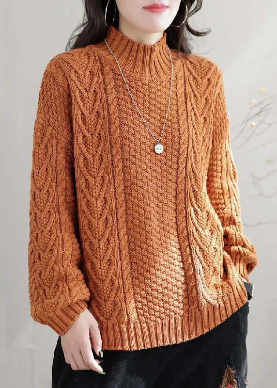 Short Design Bohemian Orange High Neck Chunky Oversized Cable Knit Sweater Winter