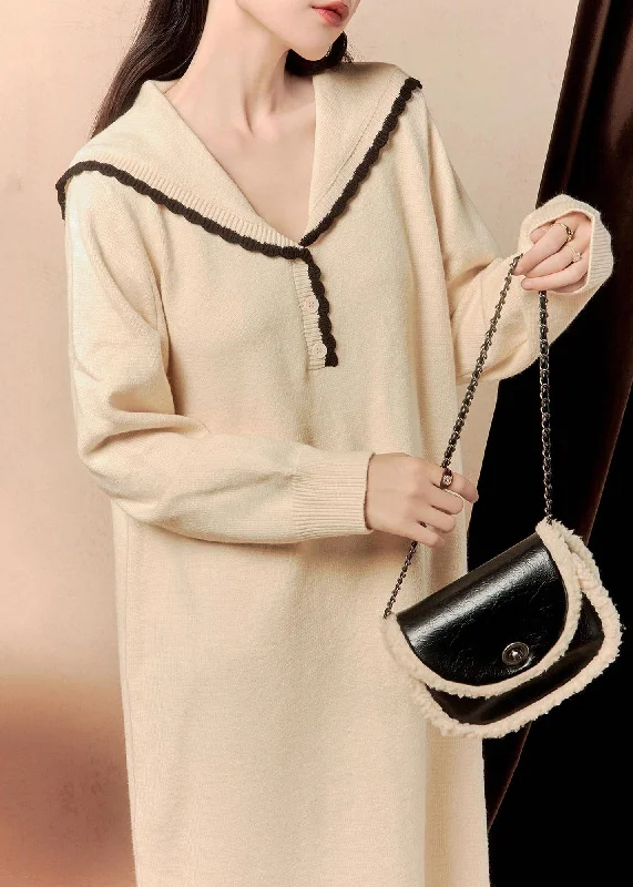 Elegant Beige Sailor Collar Button Knit Dress Winter