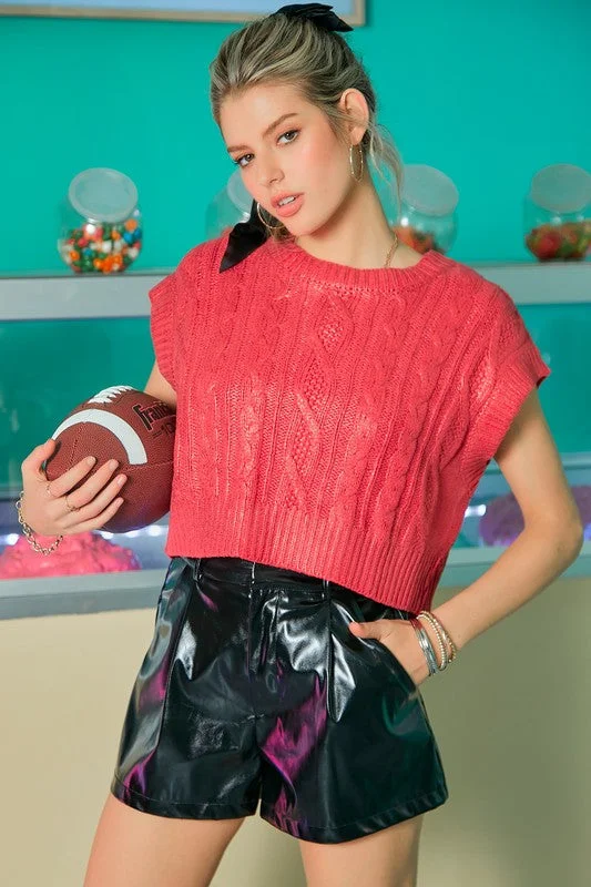 Fashionable Ease Metallic Printed Rount Neck Slvless Sweater Top