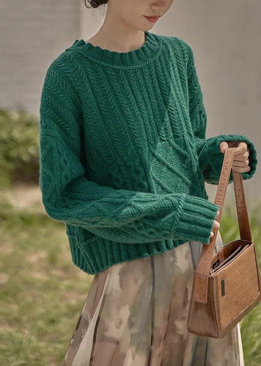Cozy Apparel New Peacock Green O Neck Patchwork Cable Knit Sweaters Fall