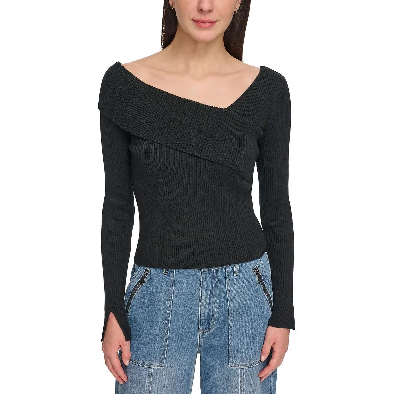 Casual Elegance DKNY Jeans Womens Ribbed Asymmetrical Neck Pullover Sweater