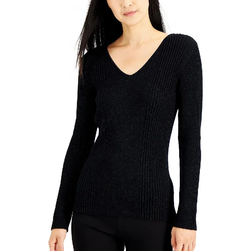 Energy Plan Alfani Womens Ribbed Metallic V-Neck Sweater