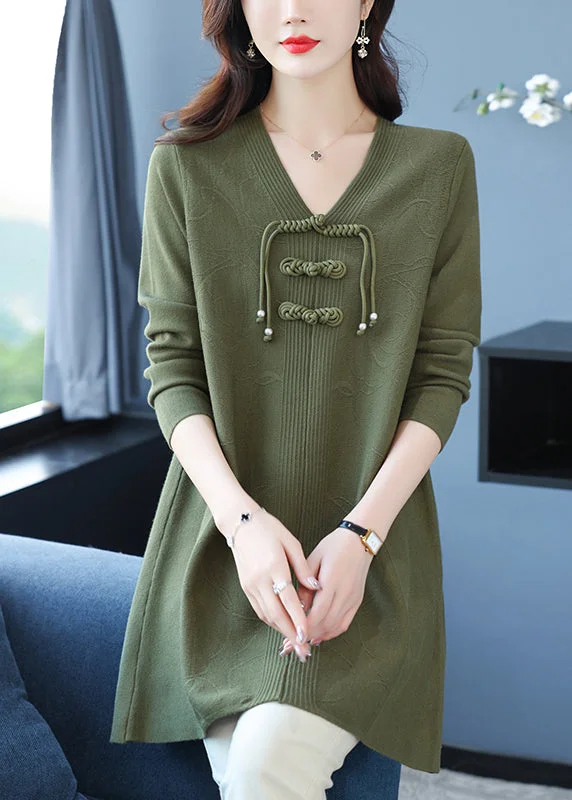 Classy Green V Neck Print Woolen Long Sweater Winter