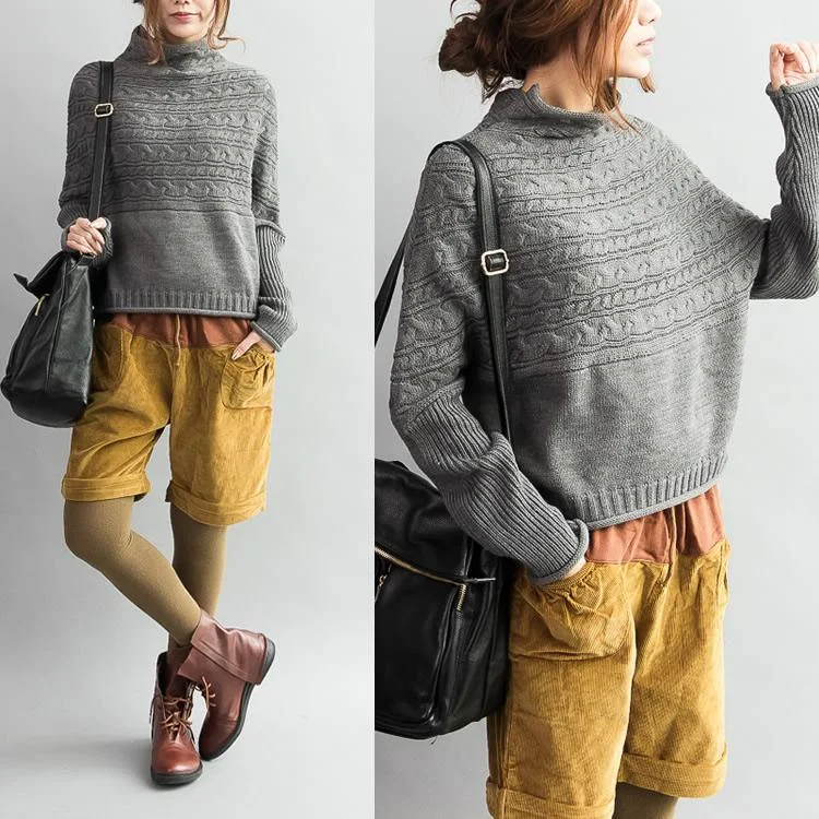 Relaxed Fit Wear Gray cable knit sweaters woolen long sleeve crop sweaters turtle neck knitwear