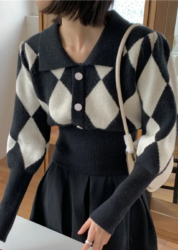 Trendy Casuals French Black Peter Pan Collar Plaid Knit Sweaters Fall