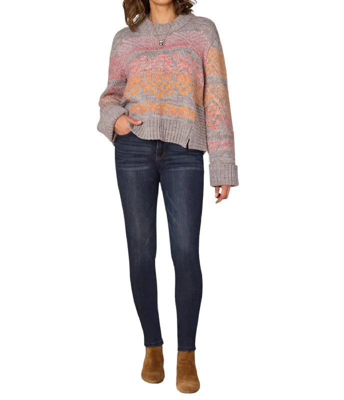 Round Neck Ombre Jacquard Sweater In Heather Grey / Golden Orange Multi