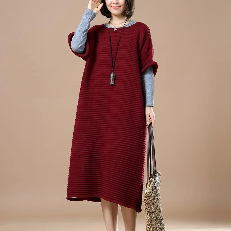 Fashionable And Versatile Burgundy half sleeve sweaters knit dresses