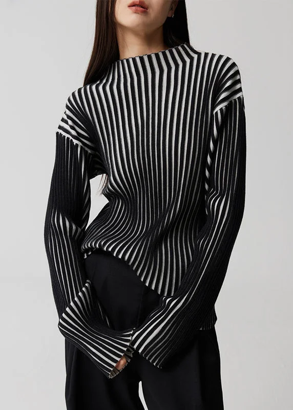 Cozy Layers French Striped Stand Collar Patchwork Knit Top Long Sleeve