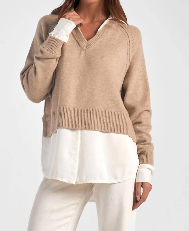 Stevie Layered Sweater/shirt Combo In Taupe/white