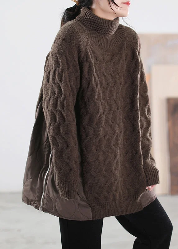 Must-have For Autumn And Winter Art Chocolate Turtleneck Zippered Patchwork Thick Knit Sweaters Long Sleeve