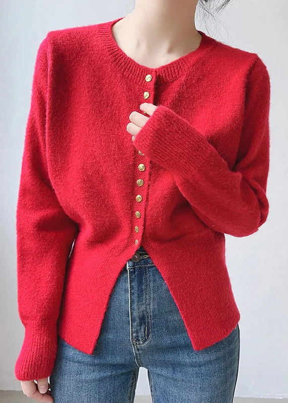 Warm Comfort Red Cozy Patchwork Cotton Knit Top O Neck Long Sleeve