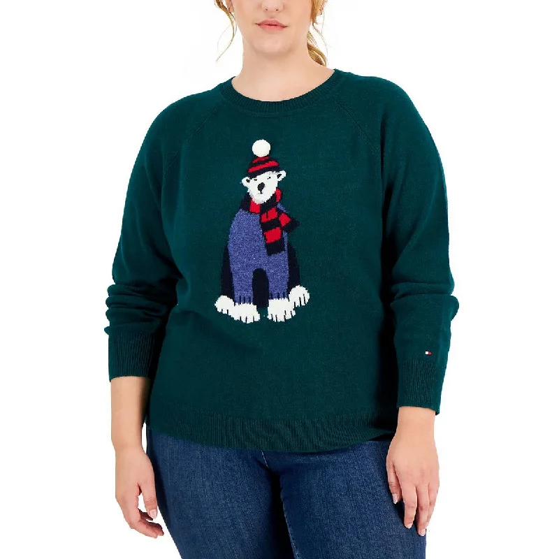 Soft Textures Tommy Hilfiger Womens Plus Wool Blend Ribbed Trim Christmas Sweater