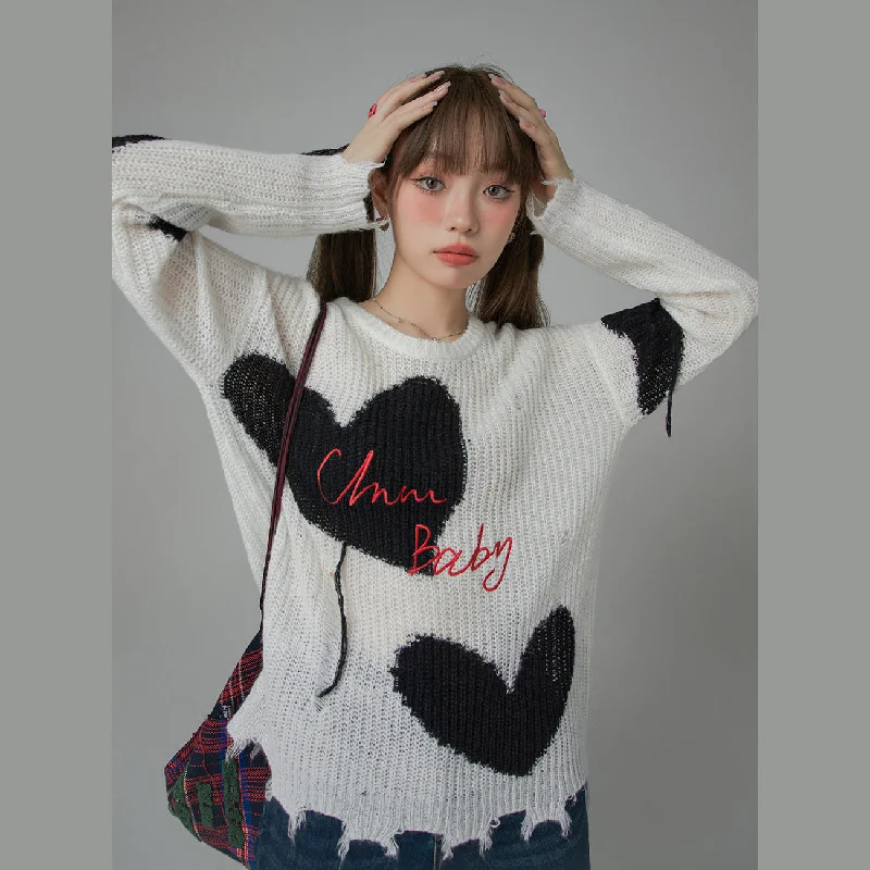 Sports And Leisure Distressed Heart Loose Fit Sweater
