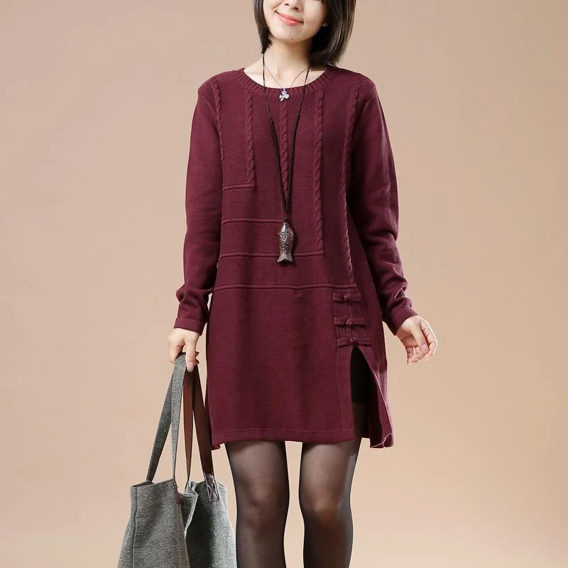 Cozy Street Style Burgundy new sweaters open hem cable knit dresses winter