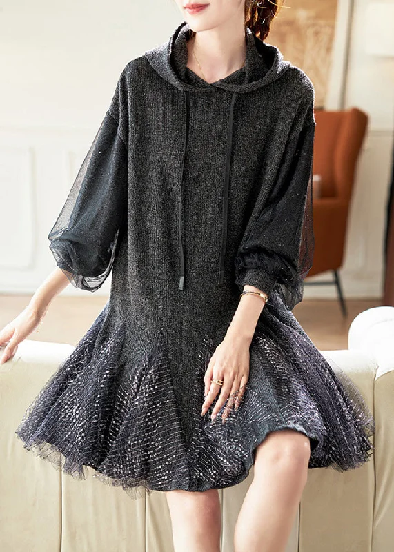 Stylish Dark Grey Hooded Tulle Patchwork Knit Dresses Spring