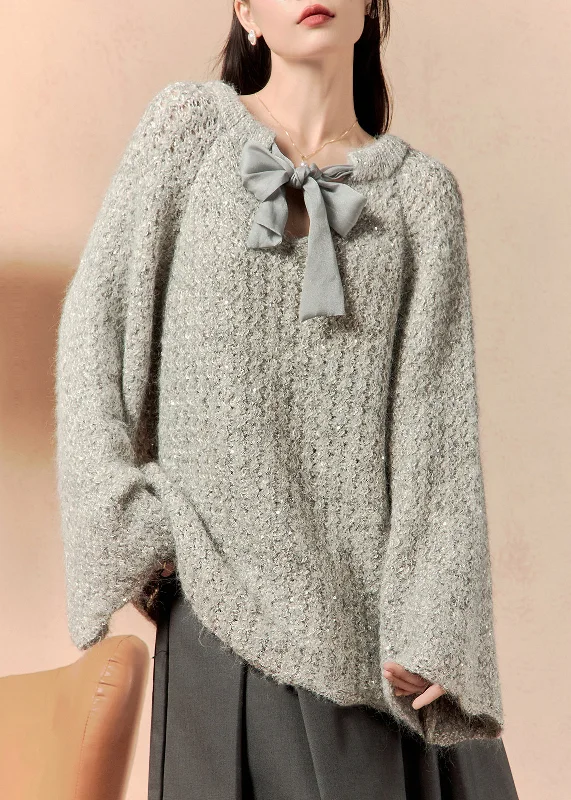 Loose Grey Lace Up Solid Knit Sweaters Flare Sleeve