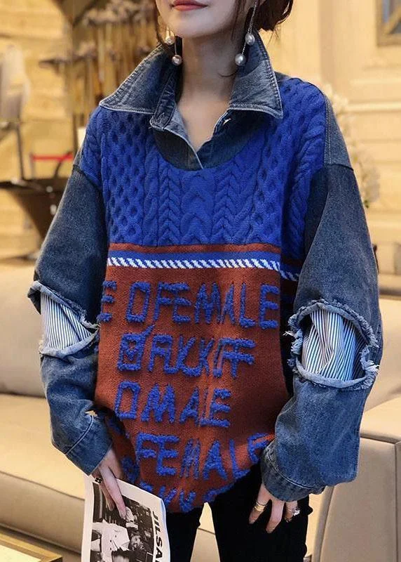 Elegant And Charming Boho Blue Patchwork Denim Hole Loose Fall Knit Knitted sweaters