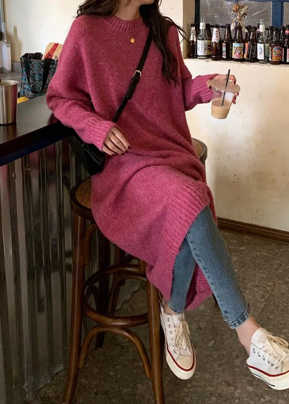 Sweet Style Casual Rose O-Neck Thick Cozy Loose Knit Sweater Dress Winter