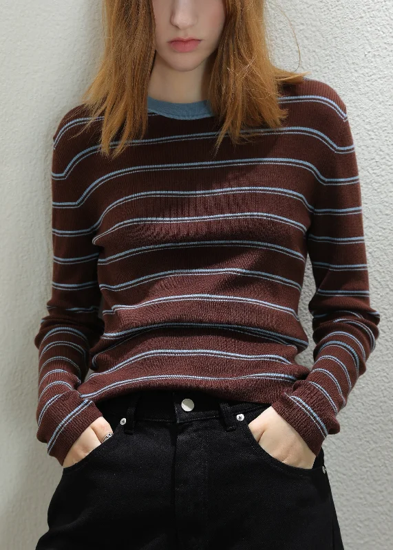 Casual Chic Slim Fit Coffee Striped Patchwork Cozy Knit Tops Fall