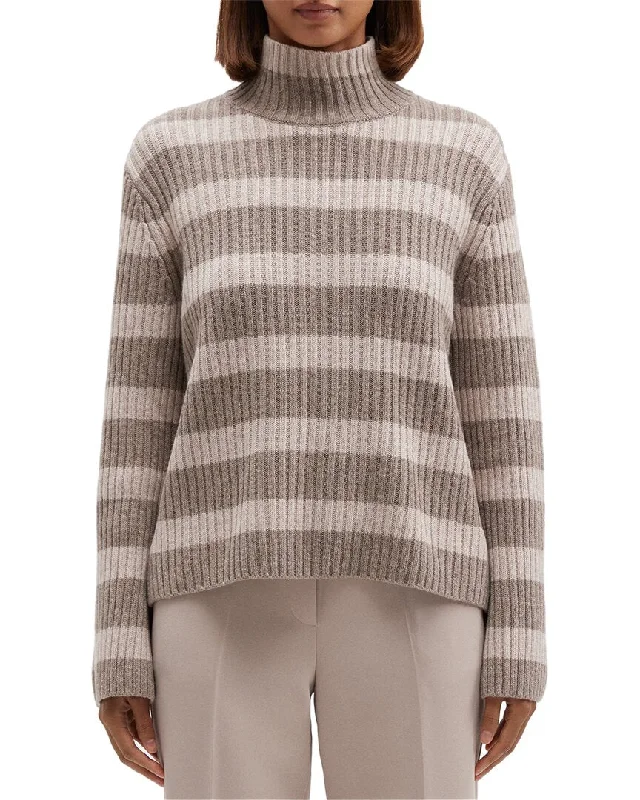Basic Comfort Theory Striped Ribbed Wool & Cashmere-Blend Turtleneck Pullover