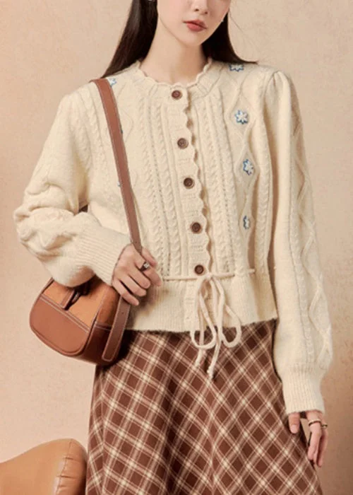 Women Beige Button Lace Up Knit Sweater Winter