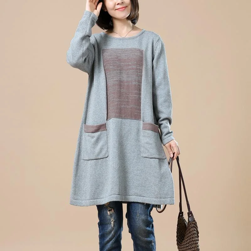 Free Design Gray sweaters long plus size knitted dress pockets patchwork
