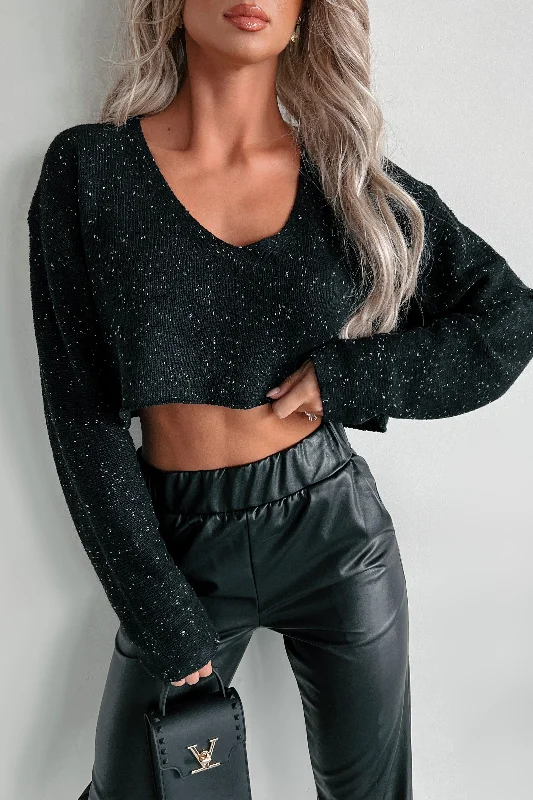 Tropical Style Last To Leave Speckle Knit Crop Sweater (Black)