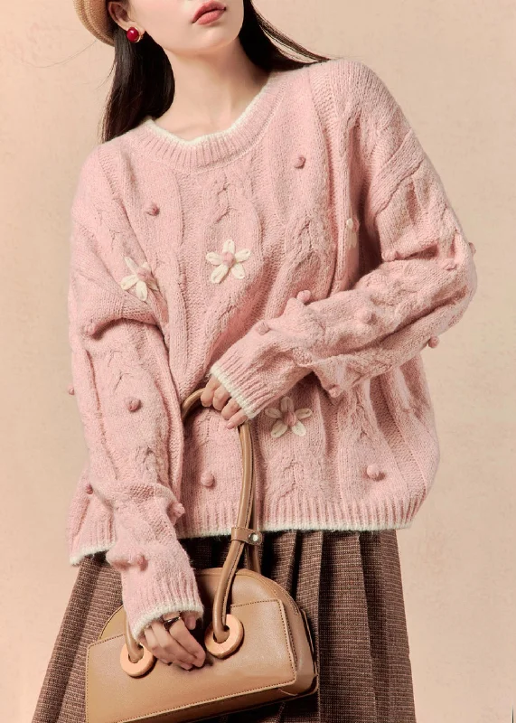 Elegant Pink Cozy Solid Cotton Knit Sweaters O Neck Spring