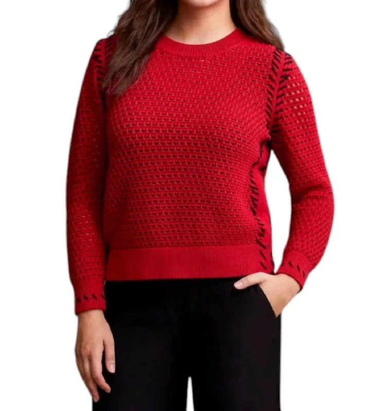 Open Stitch Crewneck Sweater In Red