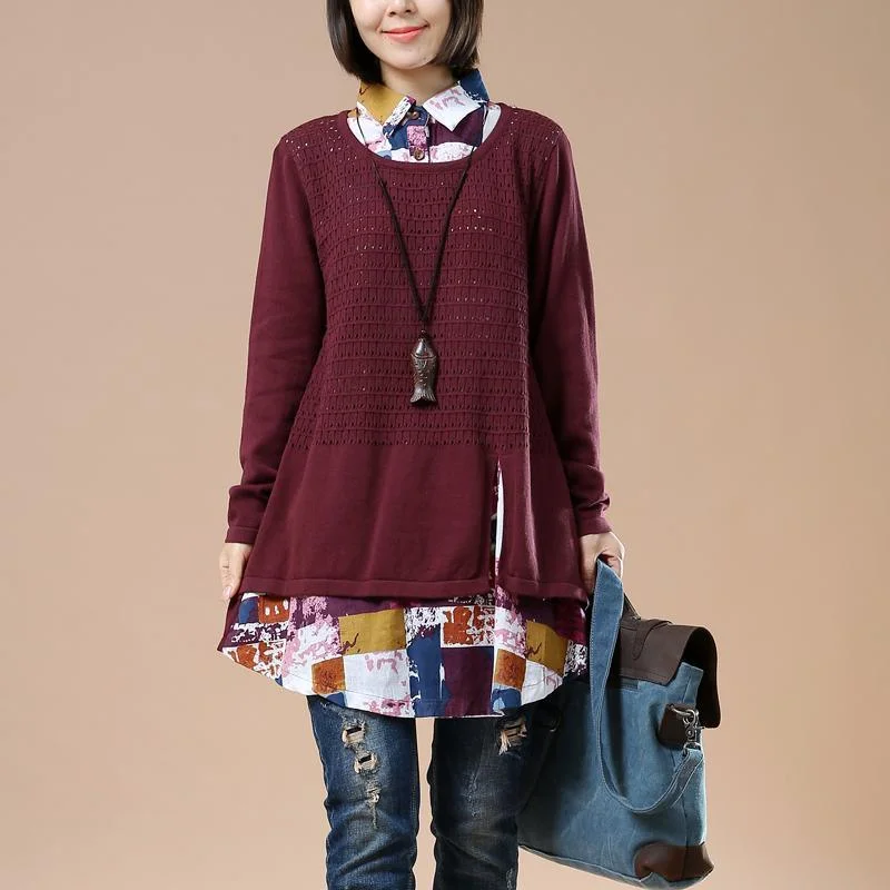 Leisure Travel Burgundy knit sweaters top woman fake shirt inside