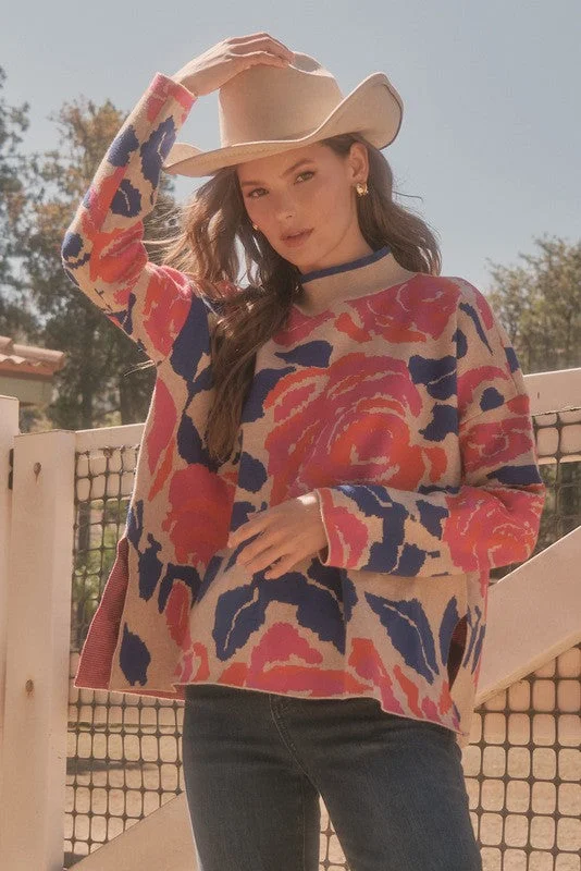 Fashion Pioneer Flower Print Knit Pullover Sweater