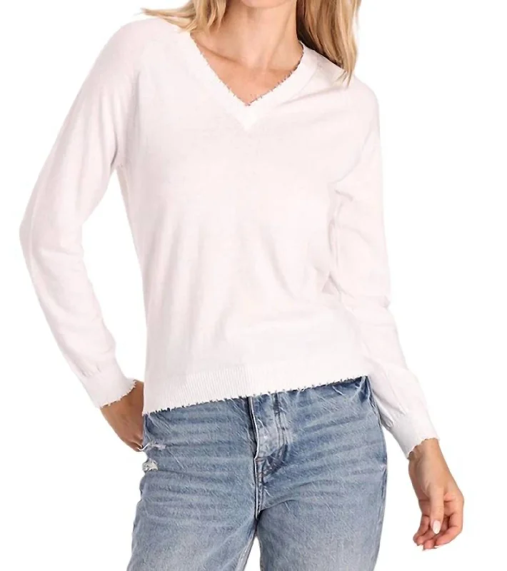 Cotton Cashmere Frayed Edge V Sweater In White