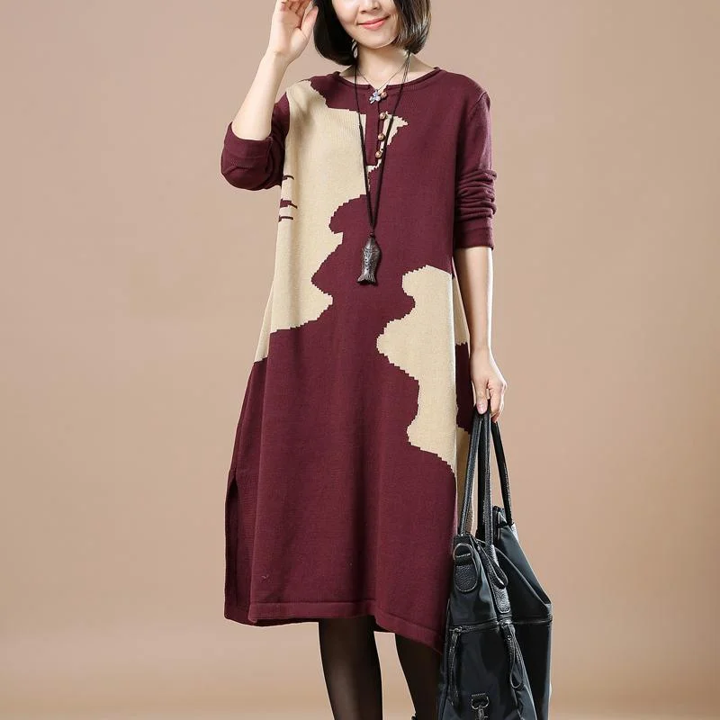 Summer Comfort Burgundy woman sweaters winter knit dresses floral
