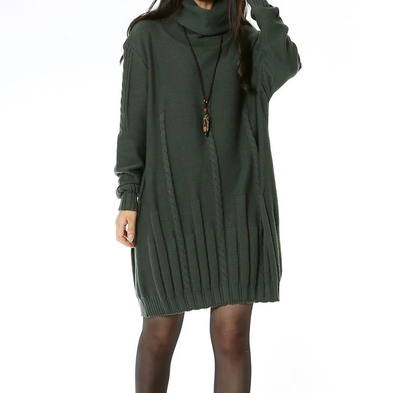 High-quality Styles Blackish green sweater dresses turtle neck Plus size