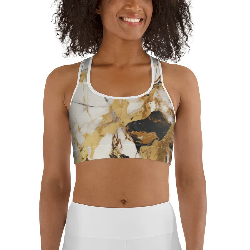 Soft And Comfortable White & Gold Marble Sports Bra
