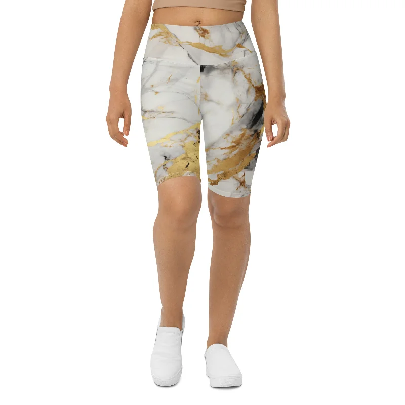 Fashion Selection White & Gold Marble Biker Shorts