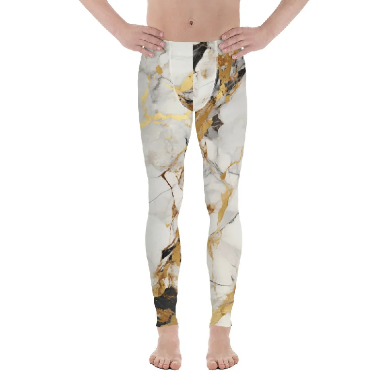 Retro Fashion White & Gold Marble Men's Leggings