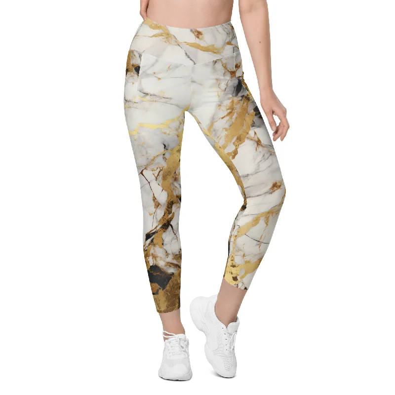 British Style White & Gold Marble Leggings With Pockets