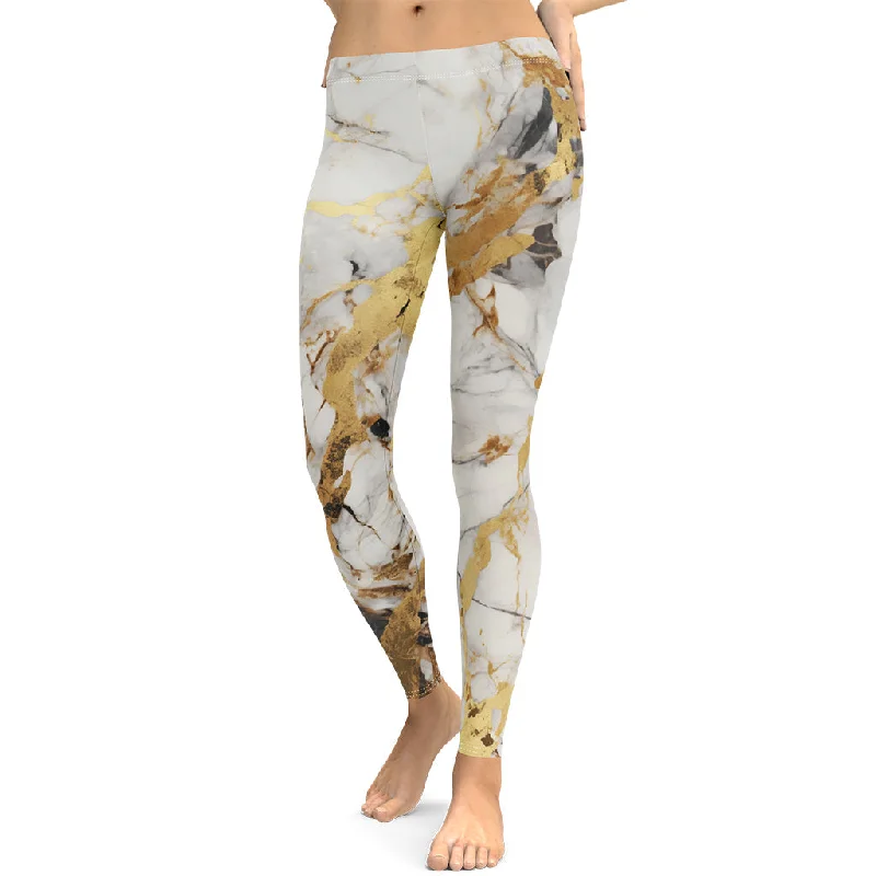 Age-reducing Style White & Gold Marble Leggings